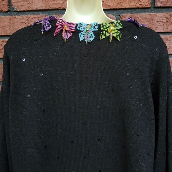 Vintage Design Options By Philip & Jane Gordon Sweater XL Black Pullover Bows - Picture 3 of 16